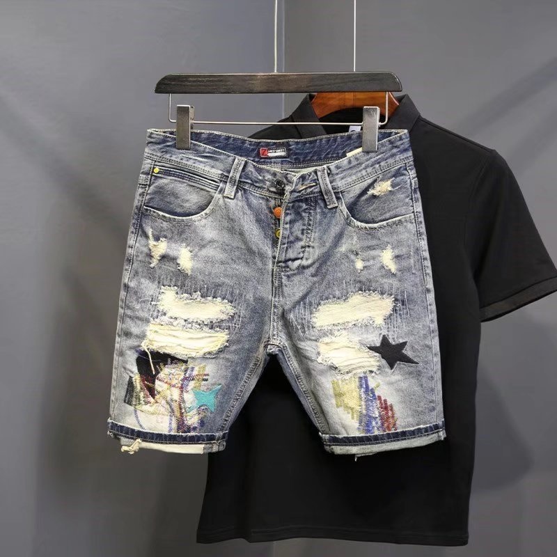 Men Fashion Jeans - Summer Men's Fashion Scraped Patch Beggar