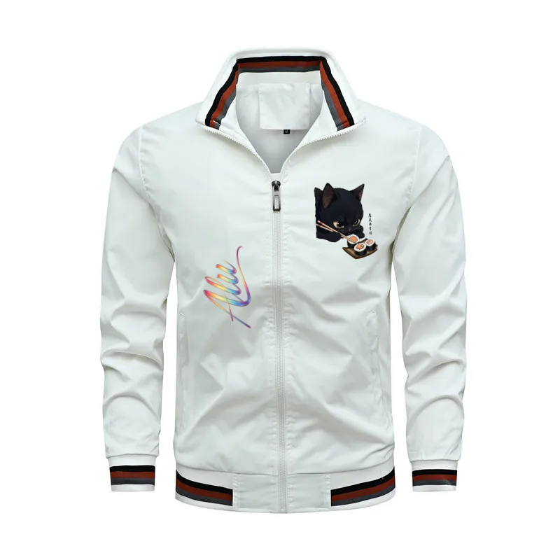 Windbreaker Men Zip - Men Stand‑Collar Zip‑Up Jacket, Black Cat